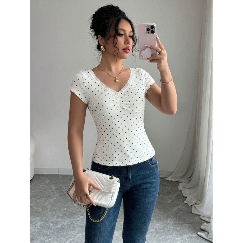 ZARA Elegant Summer Women Polka Dot Round Neck White Lace Trim Short Sleeve Tee